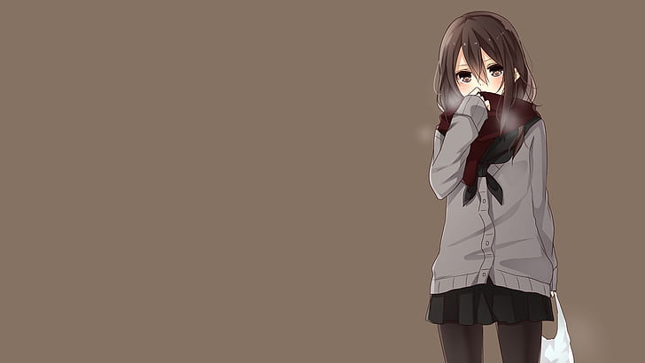 anime, school uniform, simple background, scarf, brunette, Yamasuta, anime girls, original characters, HD wallpaper