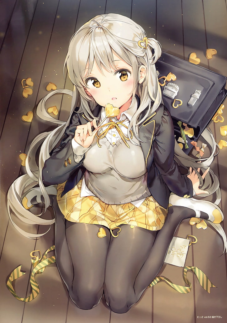 anime girl, sitting, skirt, candies, moe, Anime, HD wallpaper