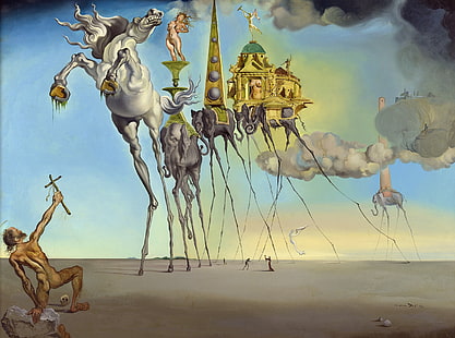 иллюстрация белого коня, сюрреализм, картина, Сальвадор Дали, Искушение Святого Антония, HD обои HD wallpaper
