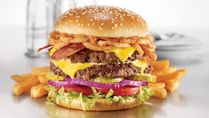 burger, meat, chicken, cheese, bun, HD wallpaper