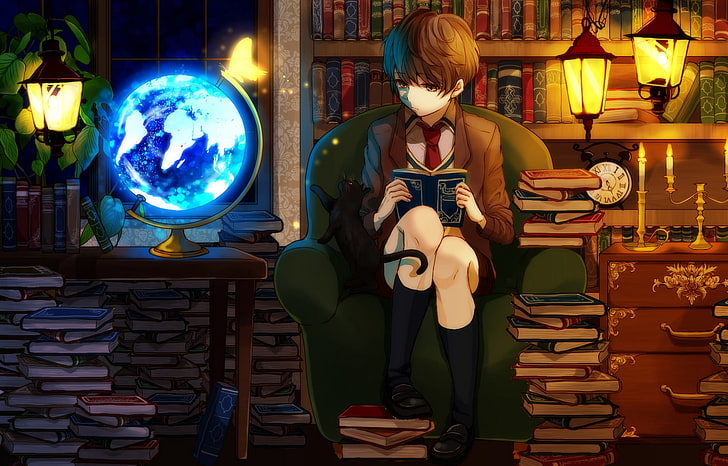 茶色のスーツジャケットアニメキャラクターの壁紙、アニメ、本、オリジナルキャラクター、図書館、猫、地球儀を着ている少年、 HDデスクトップの壁紙