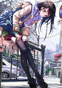 anime, anime girls, thigh-highs, winter, scarf, snow, original characters, Swordsouls, HD wallpaper HD wallpaper