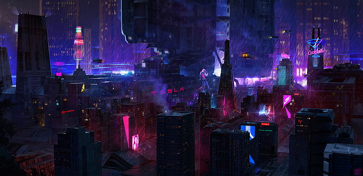 cyberpunk, ciudad, lluvia, edificio, brillo de neón, neón, paisaje urbano, noche, coche volador, ciencia ficción, Fondo de pantalla HD
