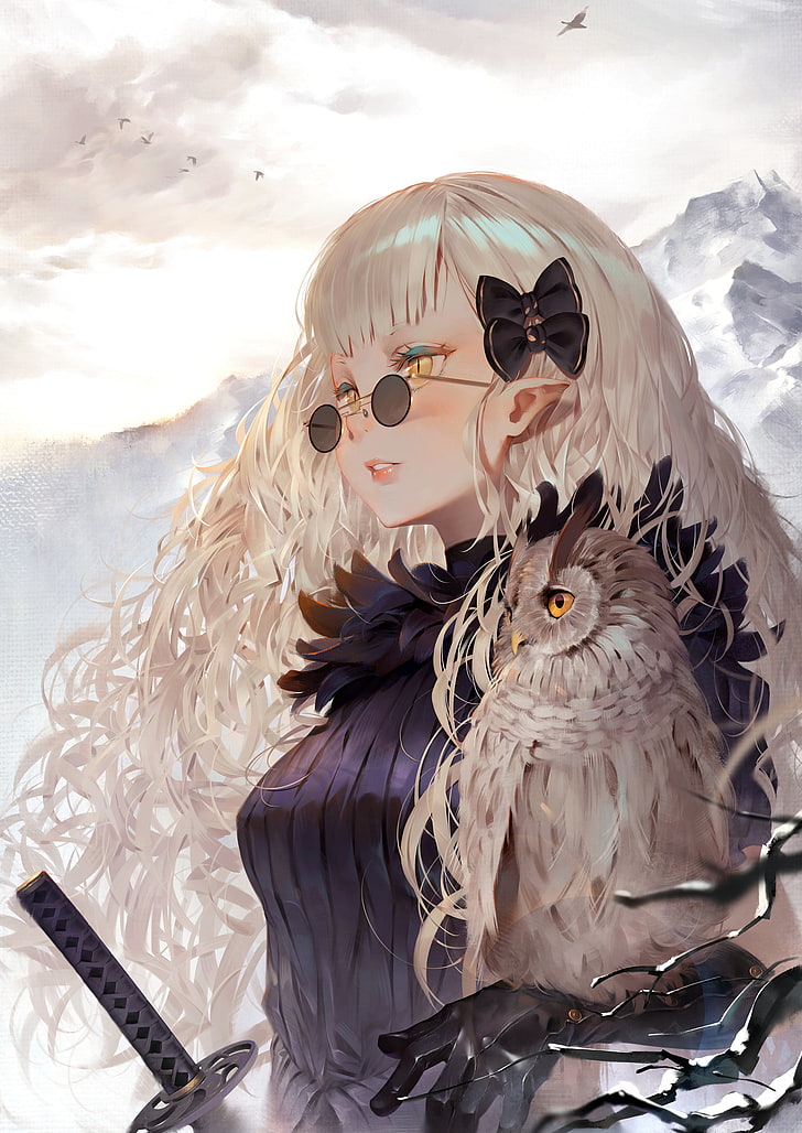 woman with white hair wearing sunglasses character illustration, anime, anime girls, mountains, sword, katana, gloves, owl, yellow eyes, pointy ears, glasses, hair ornament, long hair, white hair, blushing, bangs, looking into the distance, birds, hair bows, parted lips, sweater, original characters, women, women with glasses, HD wallpaper