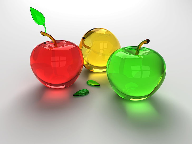 ガラスりんご、赤、黄、緑の3つのガラスりんごの装飾、芸術と創造、赤、黄、緑、ガラス、りんご、 HDデスクトップの壁紙