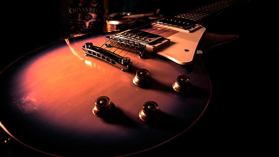 гитара, струнный инструмент, музыкальный инструмент, электрогитара, тьма, HD обои HD wallpaper