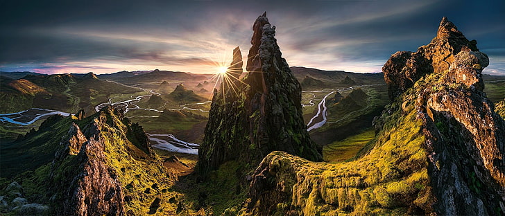 formação rochosa, Max Rive, HDR, paisagem, pôr do sol, rio, montanhas, natureza, Islândia, HD papel de parede