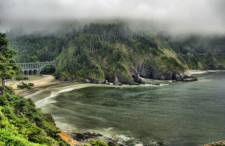green mountains beside body of water under cloudy sky during daytime, Oregon Coast, green mountains, body of water, cloudy, sky, daytime, head, oregon, pacific coast, pacific ocean, bay, rocks, waves, trees, fog, gray  green, worship, biblical, themes, powerpoint, religious, contemplation, reflection, reflective, Mosaic, profile, HDR, Andrew E., Larsen, Digital, Rebel, XT, Pacific  Ocean, coast, water, nature, mountain, forest, river, landscape, scenics, outdoors, HD wallpaper