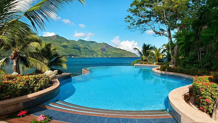 swimming pool, nature, resort, leisure, summer, resort town, estate, water, tropics, hotel, vacation, seychelles, panorama, sky, view, HD wallpaper