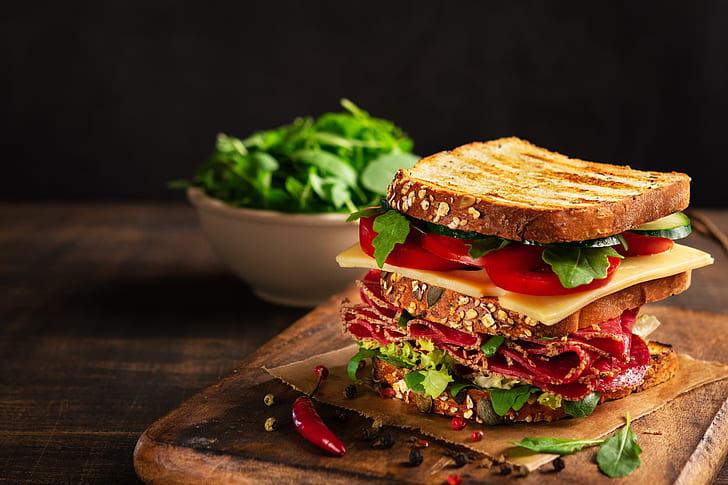sandwich, salami, vegetables, cheese, HD wallpaper