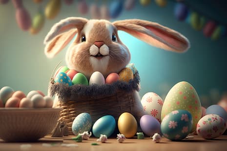 卵、カラフル、ウサギ、イースター、春、バニー、かわいい、装飾、 HDデスクトップの壁紙 HD wallpaper