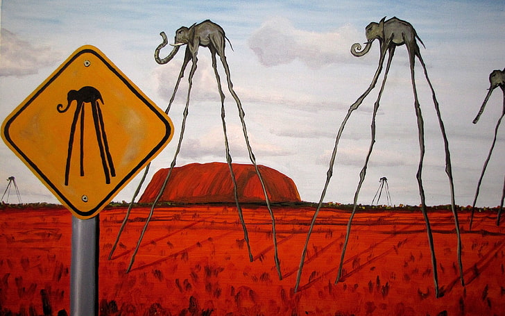 yellow and gray road sign, artwork, Salvador Dalí, elephant, surreal, signs, fantasy art, clouds, hills, nature, legs, painting, HD wallpaper
