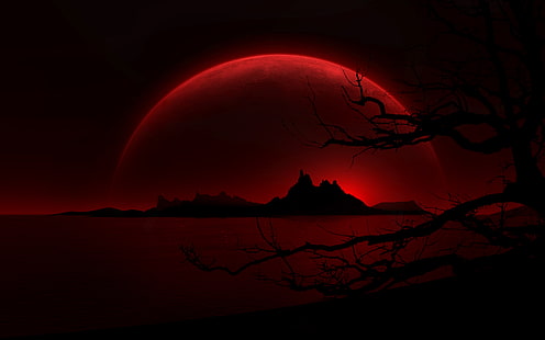Тъмно, Пейзаж, Черно, Луна, Нощ, Червено, HD тапет HD wallpaper