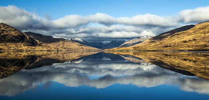landscape photo of green and brown mountain during daytime, Loch, landscape, photo, green, brown mountain, daytime, calm, clouds, morning, peaceful, reflection, reflections, scotland, trossachs, mountain, nature, scenics, lake, outdoors, mountain Peak, cloud - Sky, mountain Range, HD wallpaper
