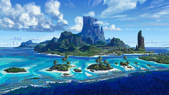 островок на водоеме, кино, волны, обои, Disney, небо, море, пейзаж, природа, облако, гора, остров, мультфильм, кино, пальмы, фильм, горизонт, рисунок, Walt Disney Pictures, острова, растительность, Мауи, Анимационные студии Уолта Диснея, вулкан, семья, кумо, Полинезия, природная красота, графическая анимация, Моана, Моана Ваялики, HD, 4K, деревенские хижины, HD обои HD wallpaper