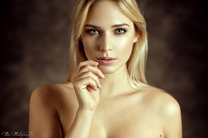women, face, portrait, blonde, bare shoulders, blue eyes, Eva Mikulski, HD wallpaper