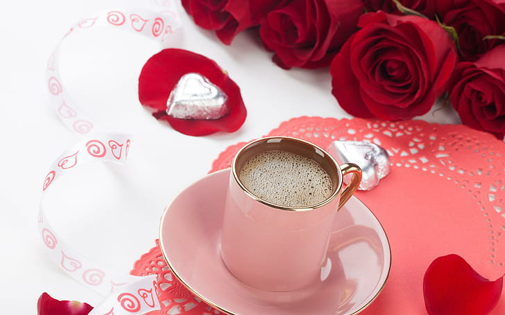 Romantic Desktop Background, white ceramic mug and saucer, romantic desktop, romantic, desktop, background, love, HD wallpaper
