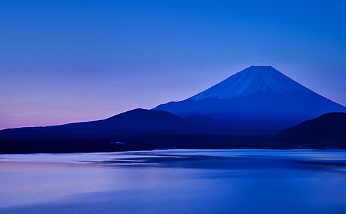 Lake Motosu and Mount Fuji, mountain range, Asia, Japan, Sunrise, Mountain, Lake, Water, Reflection, Fuji, photomatix, nikond700, fujisan, yamanashi, lakemotosu, HD wallpaper HD wallpaper