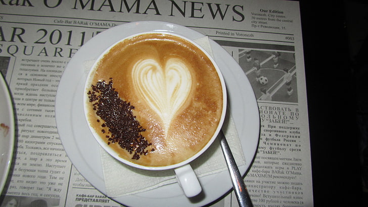 mug putih, cappuccino, kulit, coklat, koran, hati, kopi, Wallpaper HD
