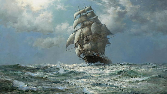 stary statek, morze, dzieło sztuki, malarstwo, statek, Tapety HD HD wallpaper