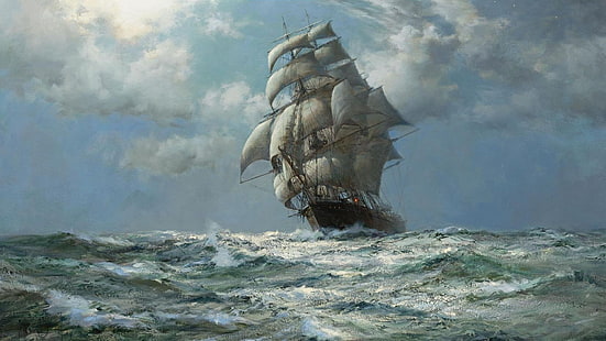pintura de barco de podadoras blancas, mar, barco viejo, pintura, obra de arte, barco, Fondo de pantalla HD HD wallpaper