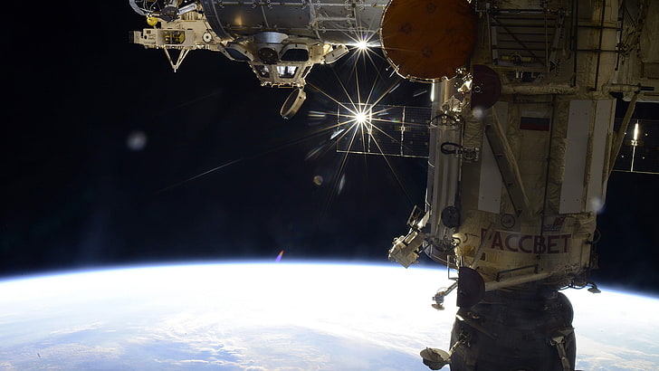 Machine satellite gris, Roscosmos, NASA, Station spatiale internationale, Fond d'écran HD