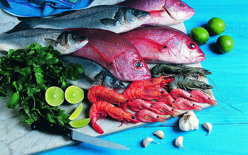 assorted seafoods, fish, fresh, shrimps, seafood, garlic, greens, HD wallpaper HD wallpaper