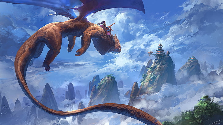 character riding a brown dragon digital wallpaper, fantasy art, digital art, Thomas Chamberlain - Keen, dragon, HD wallpaper