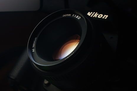 черен Nikon DSLR фотоапарат, стъкло, снимка, тапет, камера, камерата, обектив, Nikon, Лунин роман, 50 mm, HD тапет HD wallpaper