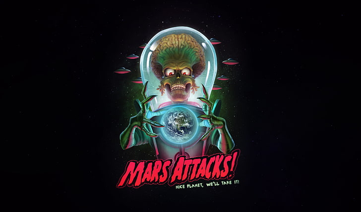 ภาพยนตร์เรื่อง Mars Attacks อารมณ์ขันนิยายวิทยาศาสตร์กะโหลกยูเอฟโอ, วอลล์เปเปอร์ HD