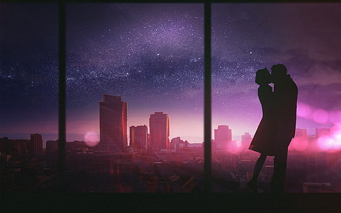 صورة ظلية زوجين التقبيل ، أول قبلة ، زوجين ، HD، خلفية HD HD wallpaper