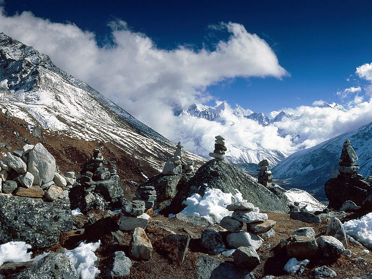 pietre cairn nere, pietre, montagne, equilibrio, altezza, himalaya, nepal, Sfondo HD