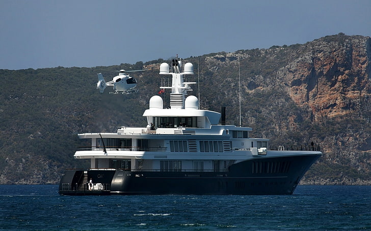 boat, greece, helicopter, rock, ship, yacht, HD wallpaper