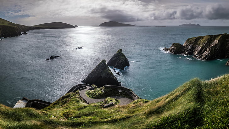 green grass and blue sea around rock formation, dunquin, kerry, ireland, dunquin, kerry, ireland, Dunquin, harbour, Kerry, Ireland, Seascape, photography, green grass, blue sea, rock formation, lines, landscape, nature, water, hill, dingle, travel, outdoor, islands, rocks, clouds, sea, cliff, coastline, scenics, atlantic Ocean, HD wallpaper