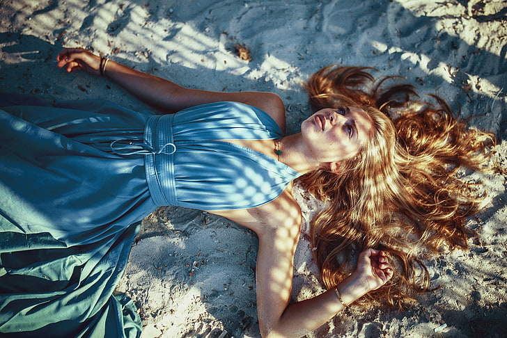 women, redhead, blue dress, lying on back, sand, Arnaud Moro, HD wallpaper
