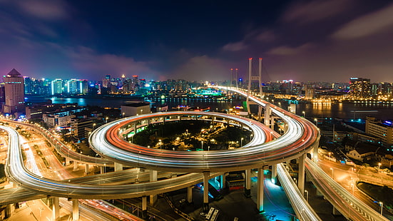 Shanghai China Circular Overpass Bridge Of Nanpu Night Landscape Ultra Hd Wallpapers For Desktop Mobile Phones And Laptop 3840×2400, HD wallpaper HD wallpaper