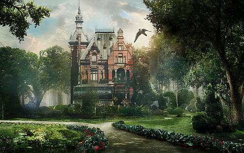 Fantasía, casa, jardín, mansión, árbol, Fondo de pantalla HD HD wallpaper