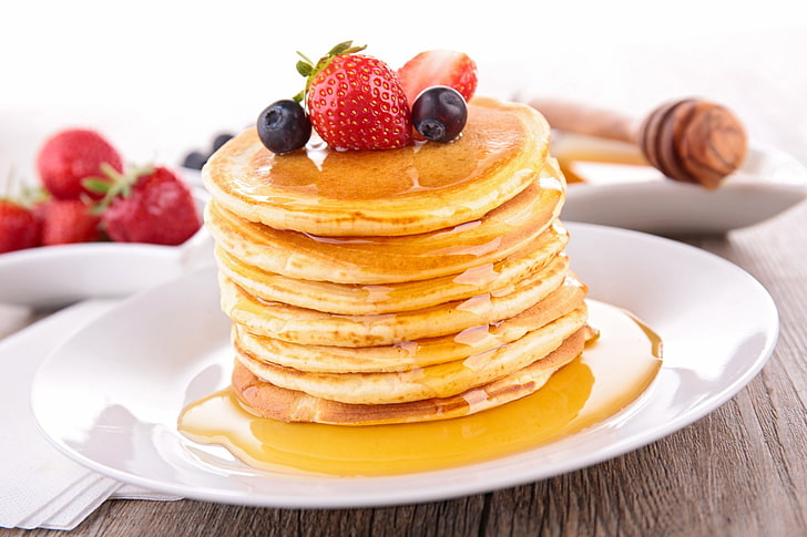 Food, Pancake, Berry, Blueberry, Breakfast, Honey, Strawberry, HD wallpaper