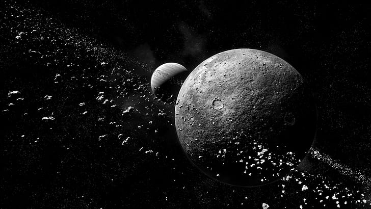 Ciencia ficción, Planeta, Asteroide, Blanco y negro, Luna, Espacio, Fondo de pantalla HD