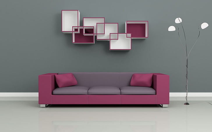 canapé 3 places violet et gris, canapé, lampe, étagères, Fond d'écran HD