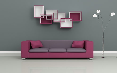 лилав и сив диван с 3 места, диван, лампа, рафтове, HD тапет HD wallpaper