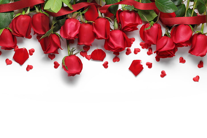 red roses, hearts, red, love, flowers, romantic, Valentine's Day, gift, roses, red roses, HD wallpaper