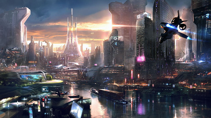 schwarzes und blaues Flugzeug, das nahe Stadtgebäuden durch die digitale Tapete des Gewässers, 3D Gebäudetapete fliegt, erinnern sich an mich, Videospiele, Stadt, futuristisch, Stadtbild, Konzeptkunst, Science Fiction, futuristische Stadt, Cyberpunk, HD-Hintergrundbild