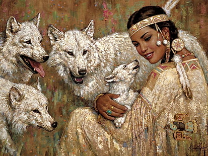 four beige wolves and woman painting, wolf, Native Americans, cubs, HD wallpaper HD wallpaper