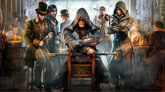 ชายในชุดดำถือวอลล์เปเปอร์ดิจิทัลไม้เท้าโปสเตอร์ Assassin's Creed, Assassin's Creed, Assassin's Creed Syndicate, วิดีโอเกม, วอลล์เปเปอร์ HD HD wallpaper