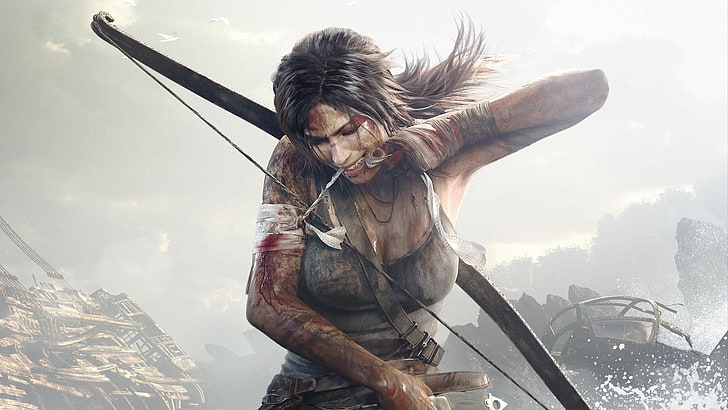 Tomb Raider digital wallpaper, bow, blood, Lara Croft, Tomb Raider, video games, artwork, HD wallpaper