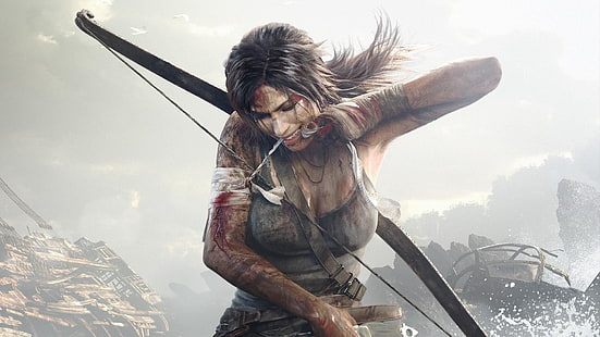 Tomb Raider цифровые обои, лук, кровь, Лара Крофт, Tomb Raider, видеоигры, произведение искусства, HD обои HD wallpaper