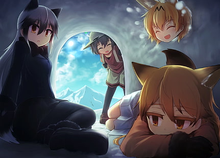 Anime, Teman Kemono, Ezo Red Fox (Teman Kemono), Kaban (Teman Kemono), Serval (Teman Kemono), Silver Fox (Teman Kemono), Wallpaper HD HD wallpaper