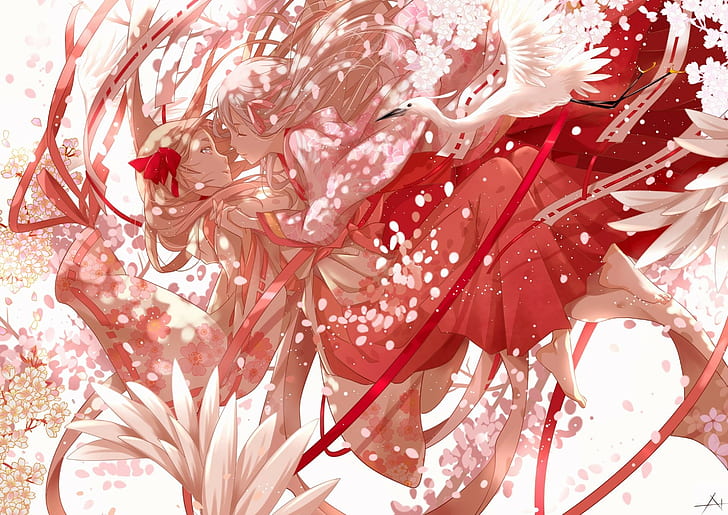 벚꽃, 일본 옷, 원작자, 애니메이션 소녀들, HD 배경 화면