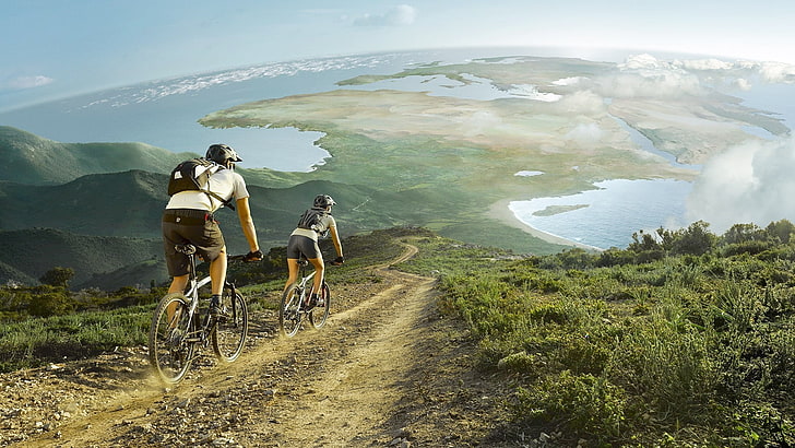 черный горный велосипед, мужчины, женщины, езда на велосипеде, природа, пейзаж, холмы, велосипед, Африка, Европа, море, дорога, фото манипуляции, облака, HD обои